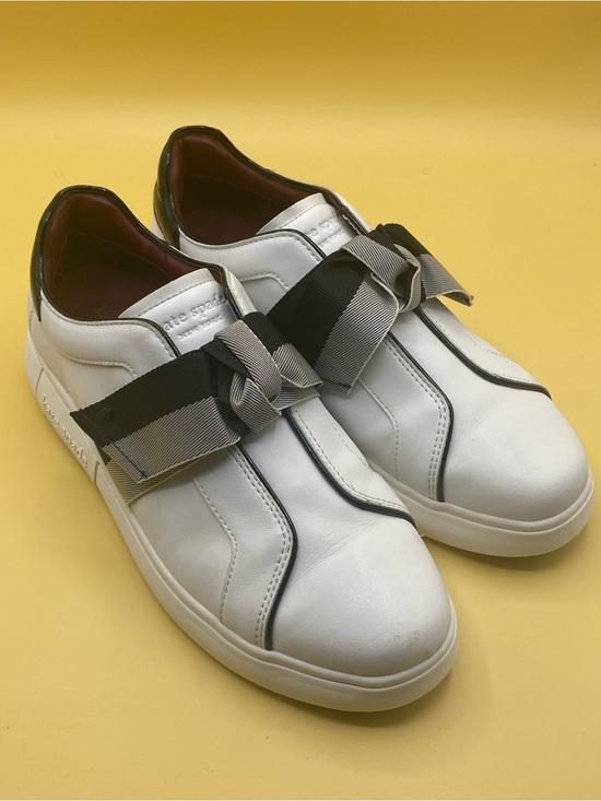 kate spade Shoes - kate spade White Leather Sneakers with Black and Gray Ribbon Bow